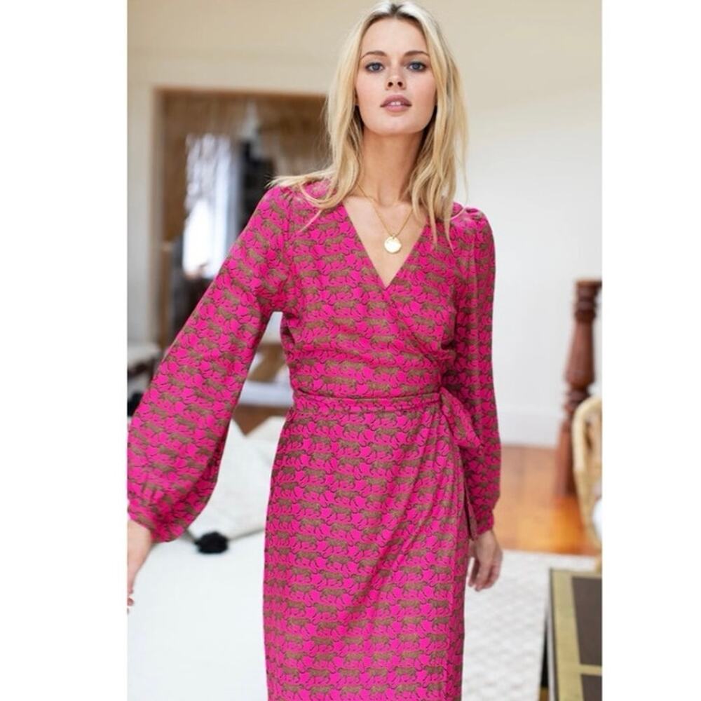 Emerson Fry India Collection Bishop Sleeve Wrap Dress Pink Walking Cheetah XS